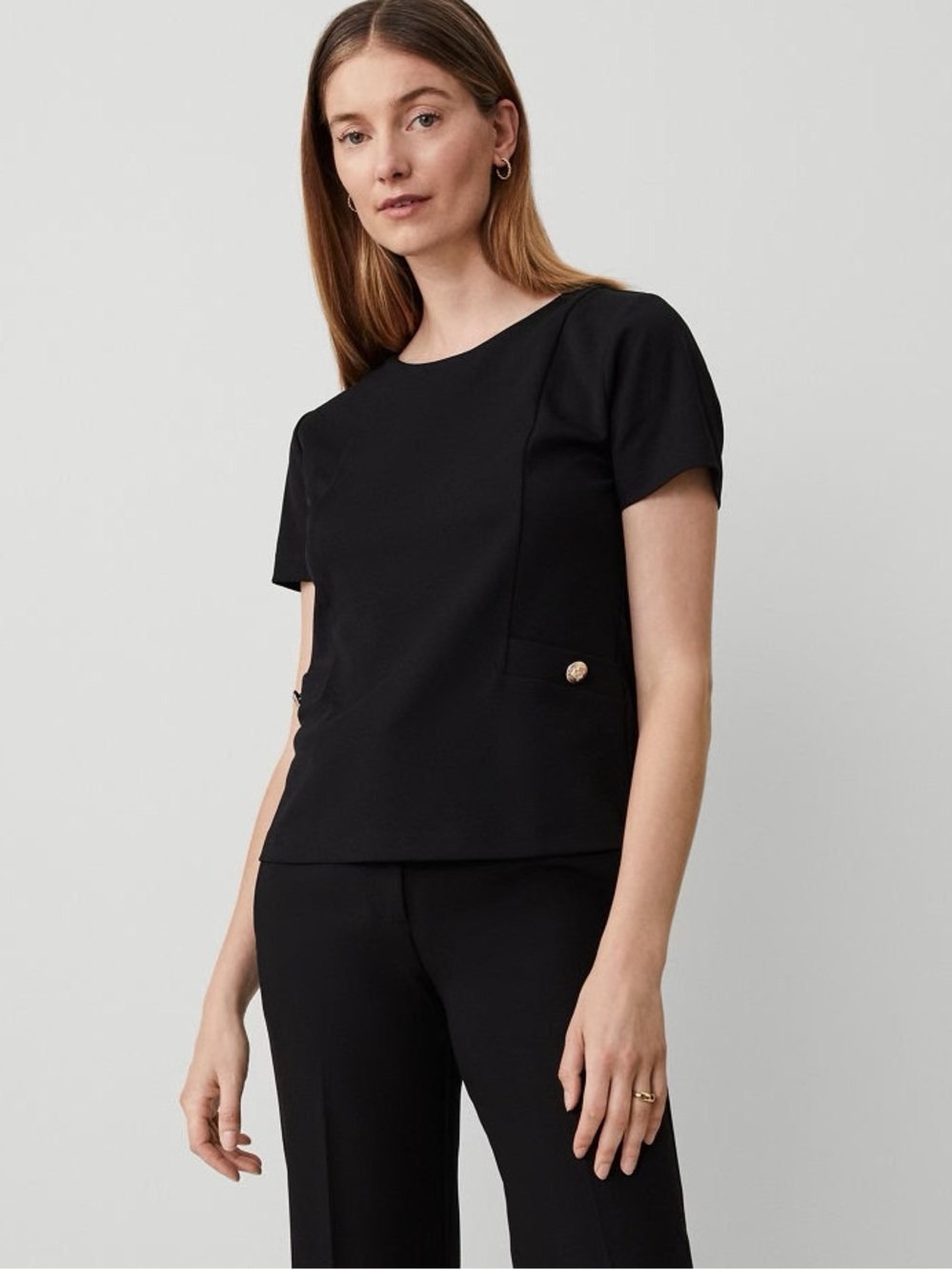 Ann Taylor Women's Black Short-Sleeve Top with Zip Back